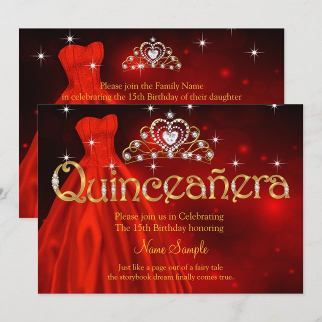 Invitation Couronne pour Robe Rouge Royale de Quinze Ans pour (Devant / Derrière)