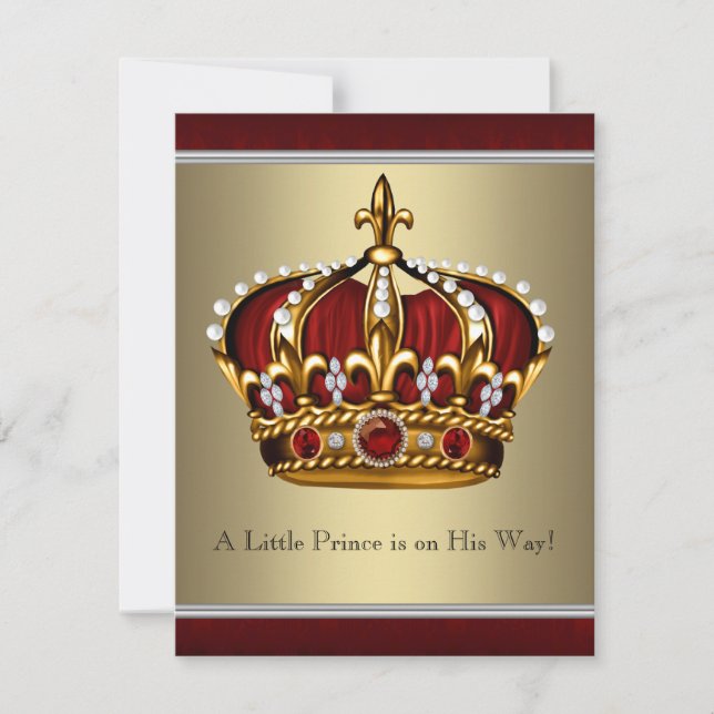 Invitation Couronne Prince Baby Shower Rouge Or (Devant)
