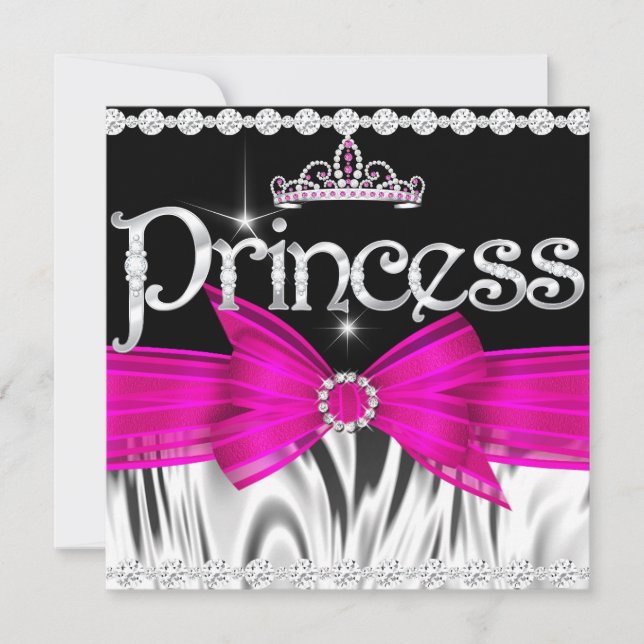 Invitation Couronne Princesse Anniversaire Rose Chaud Noir Ar (Devant)