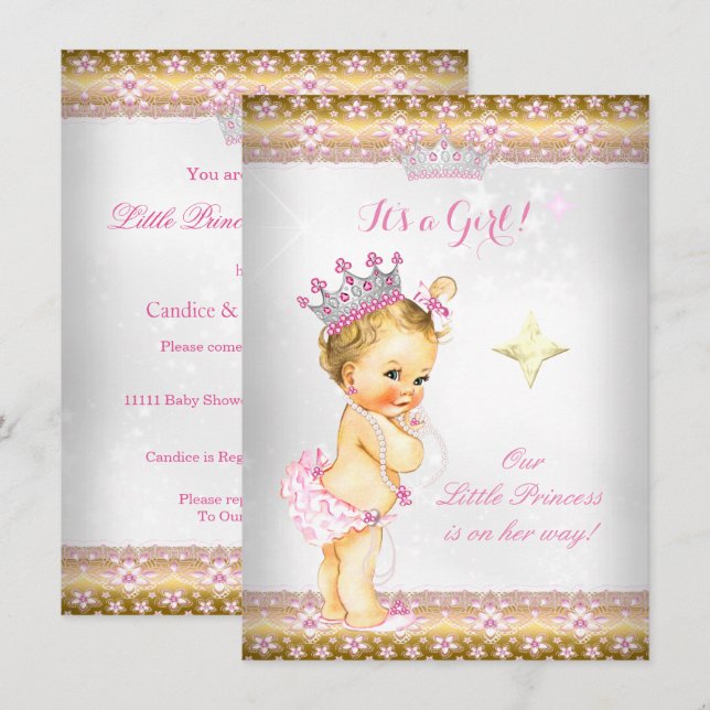 Invitation Couronne Princesse Bébé Fille Rose Blanc Or Blonde (Devant / Derrière)