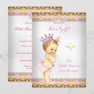 Invitation Couronne Princesse Bébé Fille Rose Blanc Or Blonde