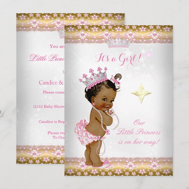 Invitation Couronne Princesse Bébé Fille Rose Blanc Or Ethniq (Devant / Derrière)