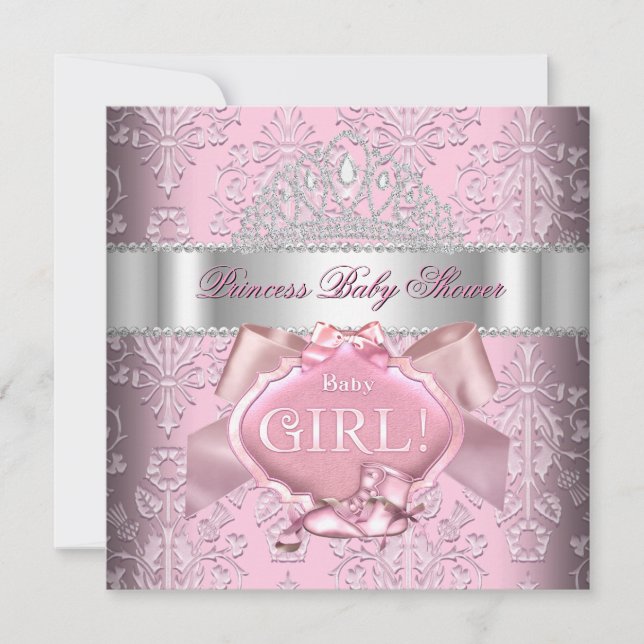 Invitation Couronne Princesse Bébé Fille Rose Damassé 2 (Devant)