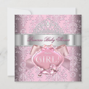 Invitation Couronne Princesse Bébé Fille Rose Damassé 2