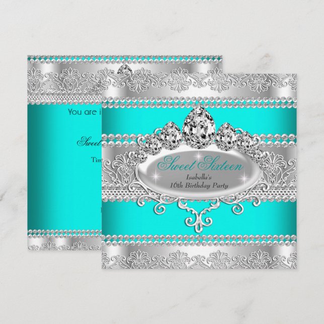 Invitation Couronne Princesse Élégante Bleu Turquoise pour 16 (Devant / Derrière)