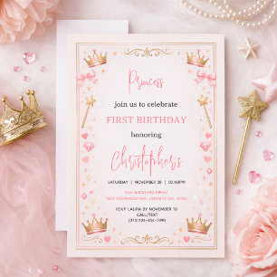 Invitation Couronne Princesse en Or Rose Conte de Fées 1er An