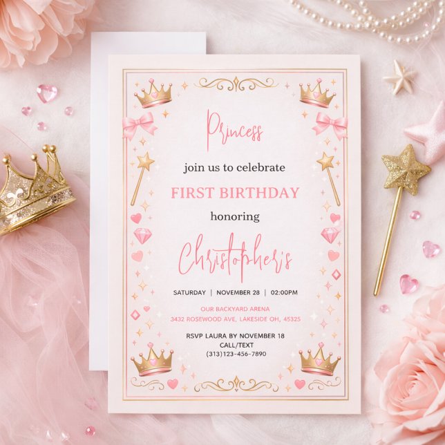 Invitation Couronne Princesse en Or Rose Conte de Fées 1er An (Pink Gold Princess Crown Fairytale 1st Birthday Invitation
)