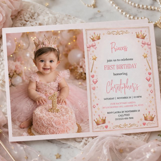 Invitation Couronne Princesse en Or Rose Conte de Fées 1er An (Pink Gold Princess Crown Fairytale 1st Birthday Invitation
)