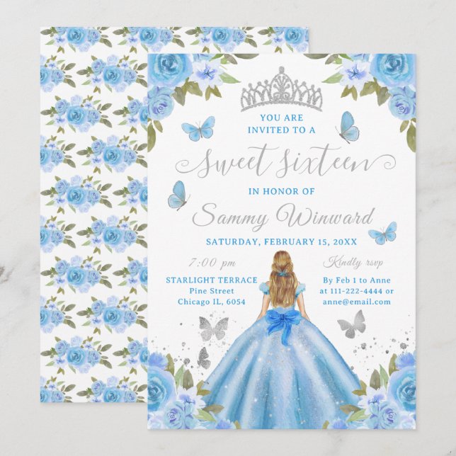 Invitation Couronne princière argentée à fleurs bleues pour S (Devant / Derrière)
