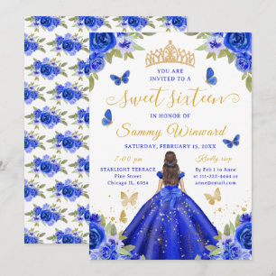 Invitation Couronne princière Sweet Sixteen fleurs bleues dor