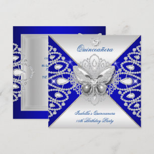 Invitation Couronne Quinceanera 15ème Papillon Argent Bleu