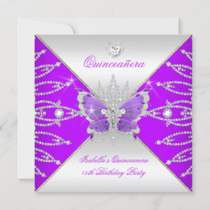 Invitation Couronne Quinceanera 15ème Papillon Argent Violet