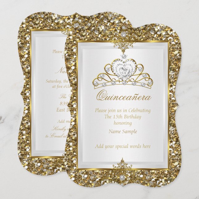 Invitation Couronne Quinceanera or Glitter perle blanche 2 (Devant / Derrière)