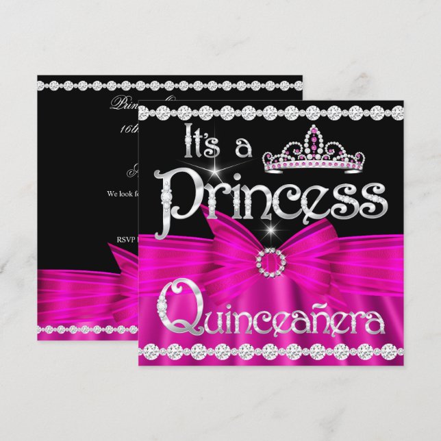 Invitation Couronne Quinceanera Princesse Rose Bow Silver (Devant / Derrière)