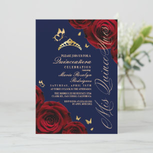 Invitation Couronne Quinceanera Rouge Royal Bleu Or