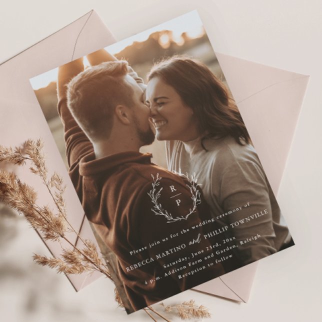 Invitation Couronne Romantique Monogramme Photo Mariage (Elegant greenery wreath wedding monogram photo wedding invitations.)