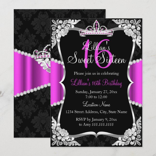 Invitation Couronne Rose Chaud Argent Noir Sweet 1 (Devant / Derrière)