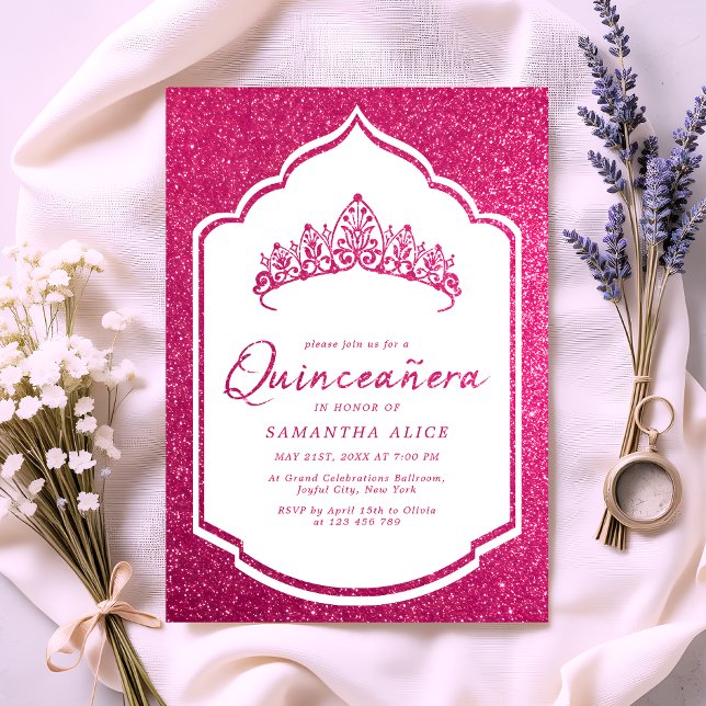 Invitation Couronne rose chaud Miss Quince Quinceanera (Créateur téléchargé)
