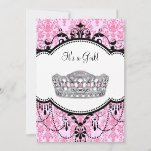 Invitation Couronne rose damas rose et noir Baby Shower