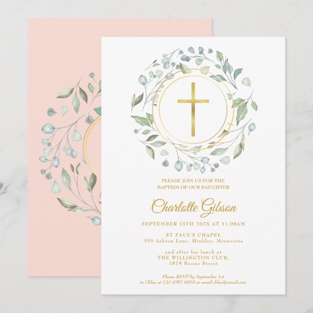 Invitation Couronne rose dorée pour baptême et christening  (Devant / Derrière)