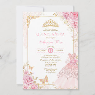 Invitation Couronne rose et or Florale Princesse Quinceañera