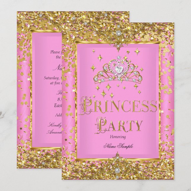 Invitation Couronne rose et or pour fête d'anniversaire de pr (Devant / Derrière)