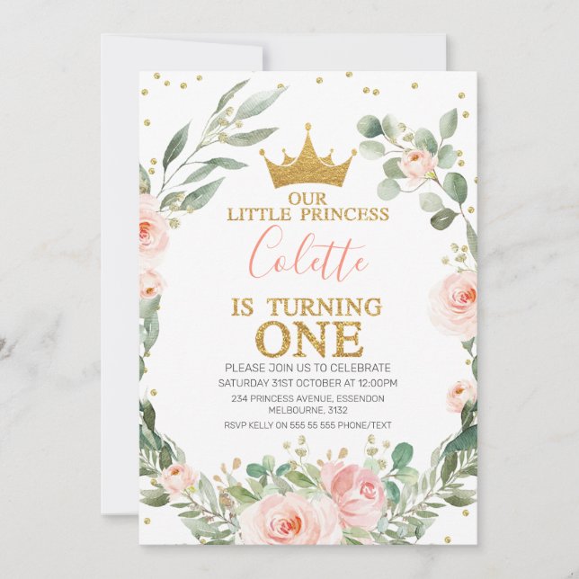 Invitation Couronne rose fleurie Little Princesse 1er anniver (Devant)