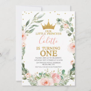 Invitation Couronne rose fleurie Little Princesse 1er anniver