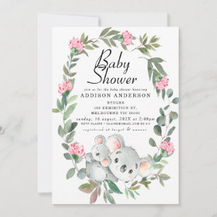 Invitation Couronne rose florale Baby shower de l'ours Koala