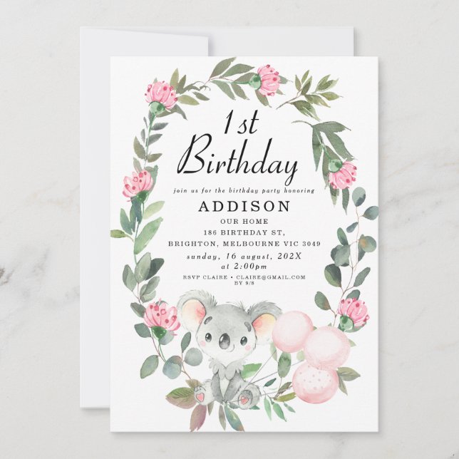 Invitation Couronne rose florale Koala Ours Anniversaire Invi (Devant)