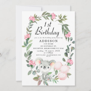 Invitation Couronne rose florale Koala Ours Anniversaire Invi