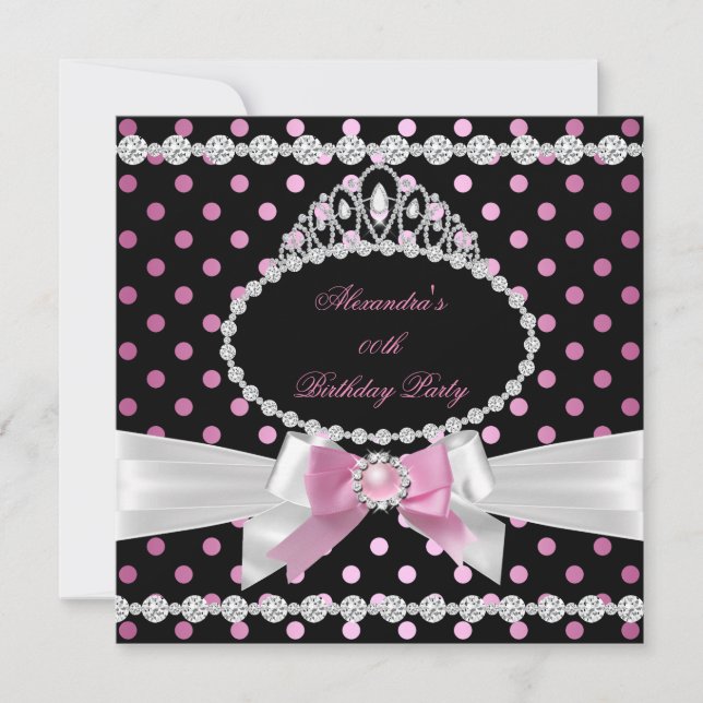 Invitation Couronne Rose Noir Blanc Points de Naissance Fête  (Devant)