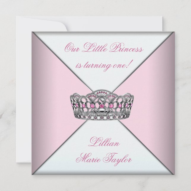 Invitation Couronne rose petite princesse fête de premier ann (Devant)