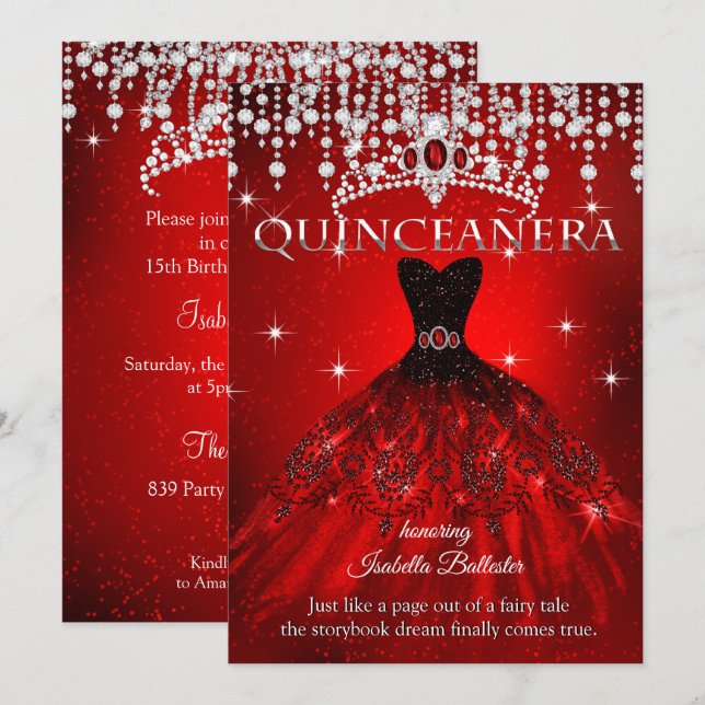 Invitation Couronne Rouge de Princesse pour les 15 Ans de Qui (Devant / Derrière)