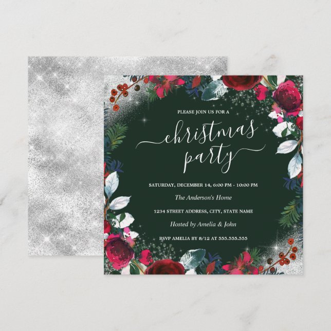 Invitation Couronne rouge vert argent scintillant Noël Fête  (Devant / Derrière)