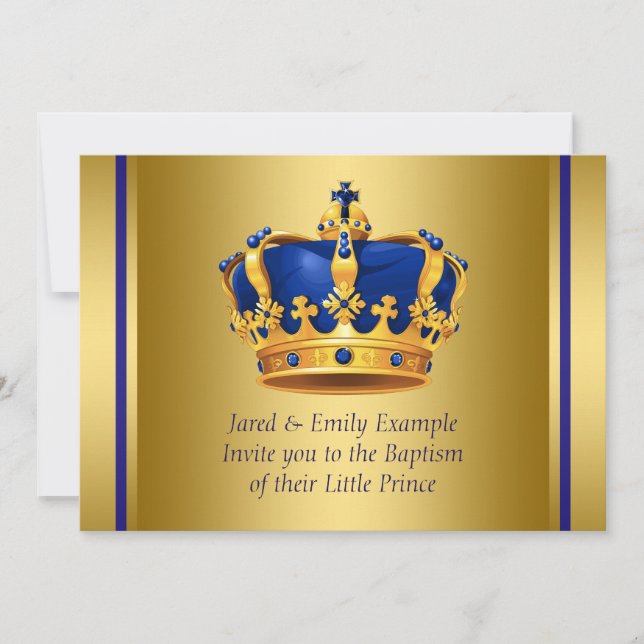 Invitation Couronne Royale Bleue et Or Baptême du Prince (Devant)