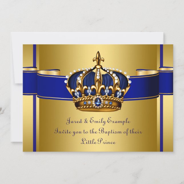 Invitation Couronne Royale Bleue et Or Prince Baptême (Devant)