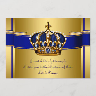Invitation Couronne Royale Bleue et Or Prince Baptême