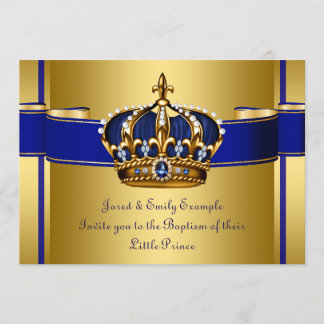 Invitation Couronne Royale Bleue et Or Prince Baptême