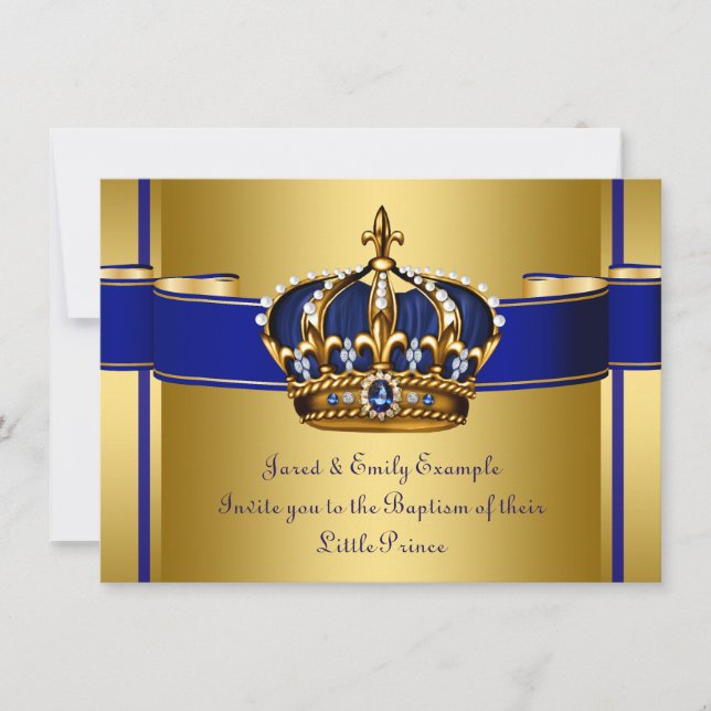 Invitation Couronne Royale Bleue et Or Prince Baptême (Devant)