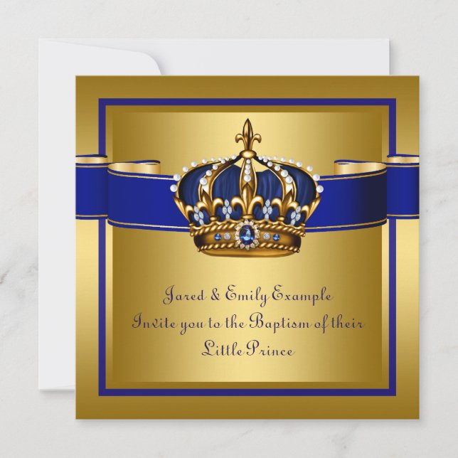 Invitation Couronne Royale Bleue et Or Prince Baptême (Devant)