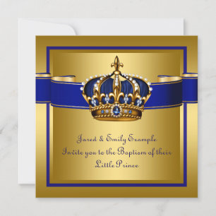 Invitation Couronne Royale Bleue et Or Prince Baptême