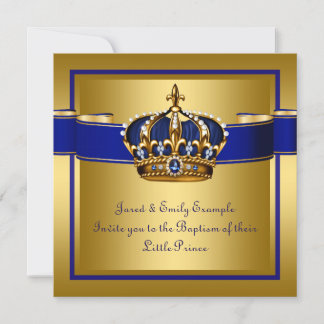 Invitation Couronne Royale Bleue et Or Prince Baptême