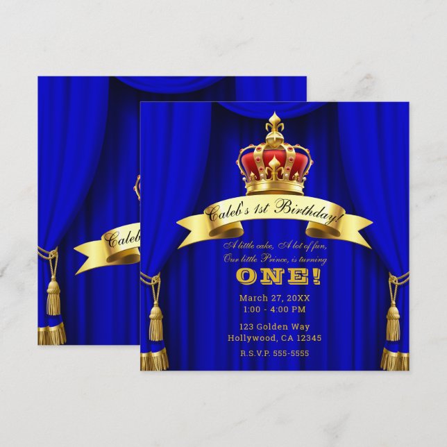 Invitation Couronne Royale Bleue Or 2 Prince 1er Anniversaire (Devant / Derrière)