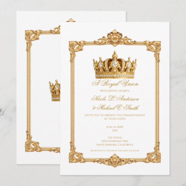Invitation Couronne Royale Couronnée d'Or Mariage Élégant (Devant / Derrière)