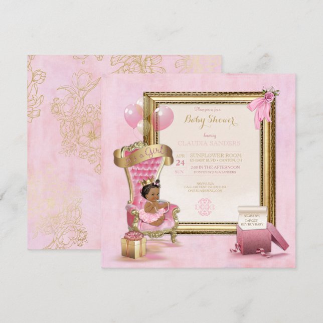Invitation Couronne Royale de Princesse Bébé Ethnique Or Rose (Devant / Derrière)