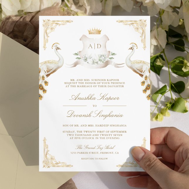 Invitation Couronne Royale Mariage Indien Paon Blanc (Créateur téléchargé)