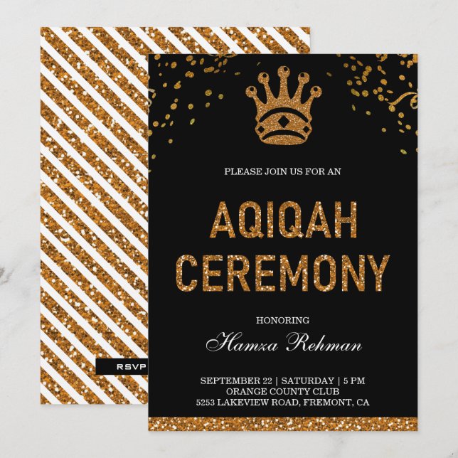 Invitation Couronne Royale Prince Aqiqah en Or Noir (Devant / Derrière)