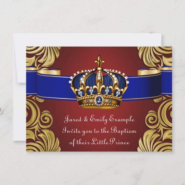 Invitation Couronne Royale Prince Baptême Rouge Or (Devant)