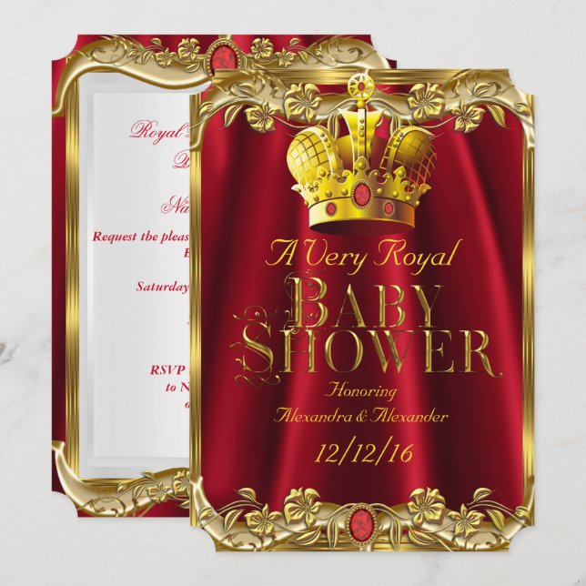 Invitation Couronne royale rouge gemme or bébé neutre (Devant / Derrière)